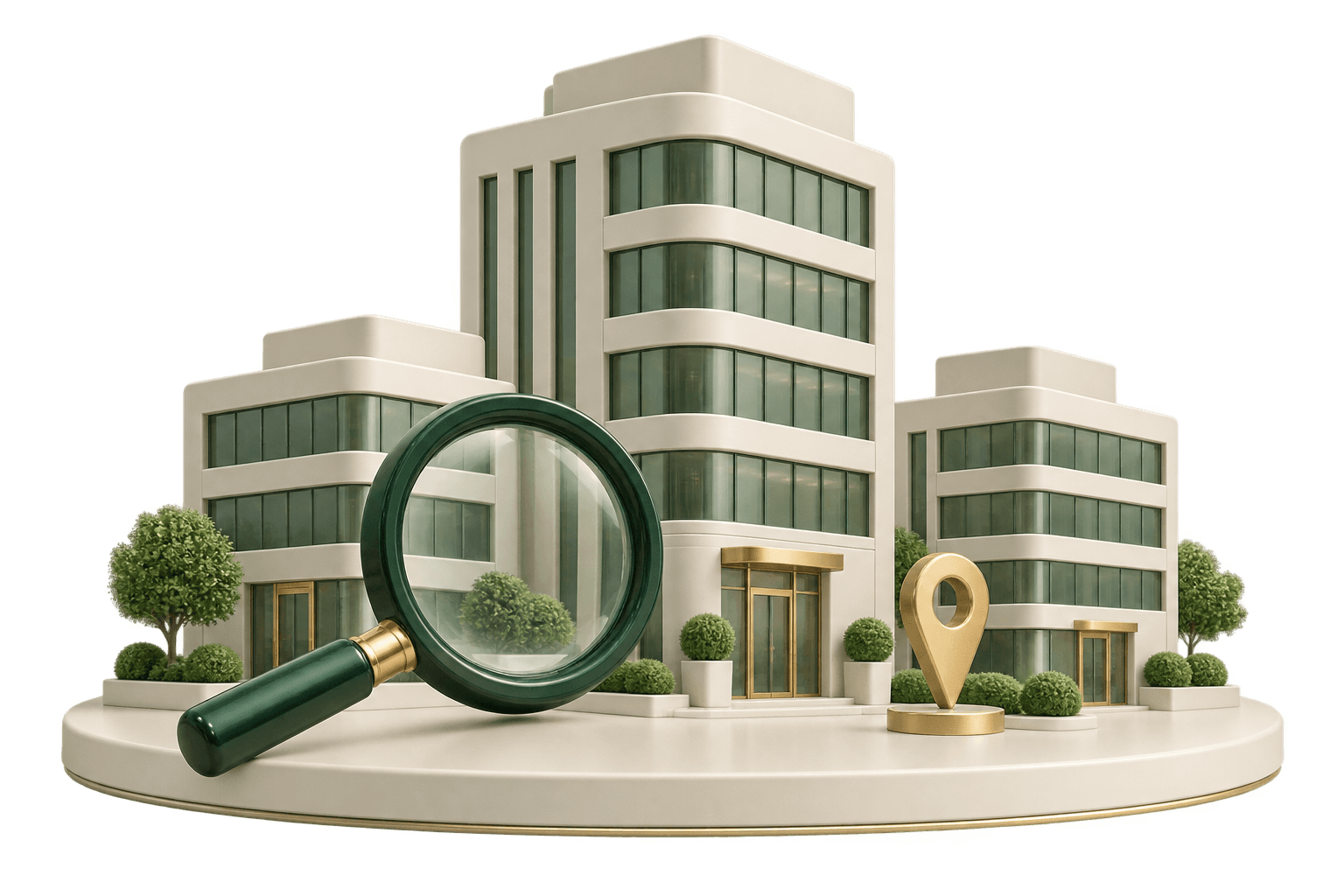 Miniatura 3D de empresas com uma lupa e um marcador de localização